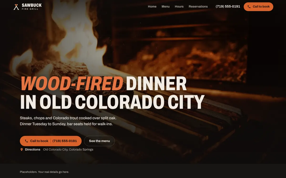 Sawbuck Fire Grill sample site on a laptop
